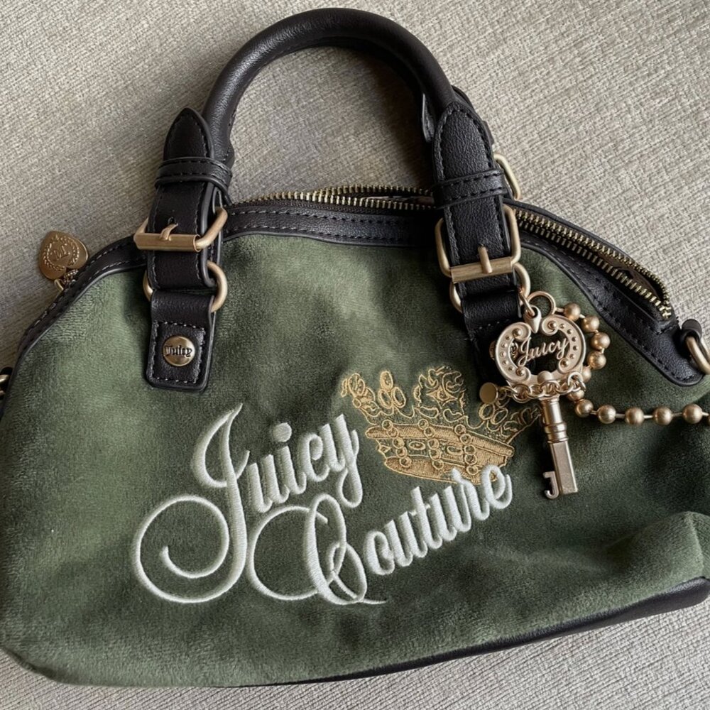 Juicy Couture "The Key to Juicy" Velour Dome Satchel Crossbody Bag Olive Green